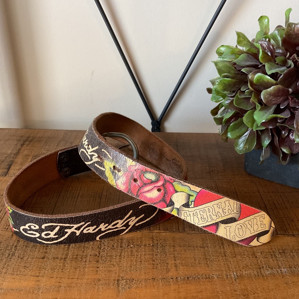 Ed Hardy Eternal Love Leather Tattoo Art Belt Women S Rose Y2K Retro Grunge VTG
